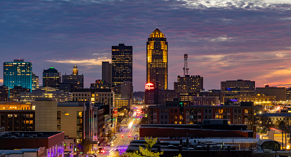 Panorama of the Des Moines skyline at sunset