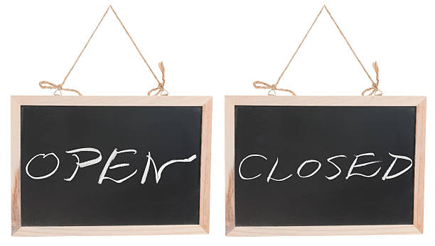 Open and closed words on blackboard stock photo