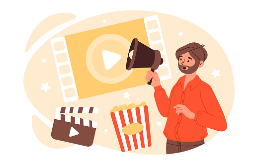 Film director concept. Man with speaker, pop corn and clapperboard. Film production and industry. Recording of movies and tv series. Entertainment and fun. Cartoon flat vector illustration