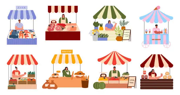 Vector illustration of Street market fair. Outdoor market stalls vector flat illustration. Local market stalls.