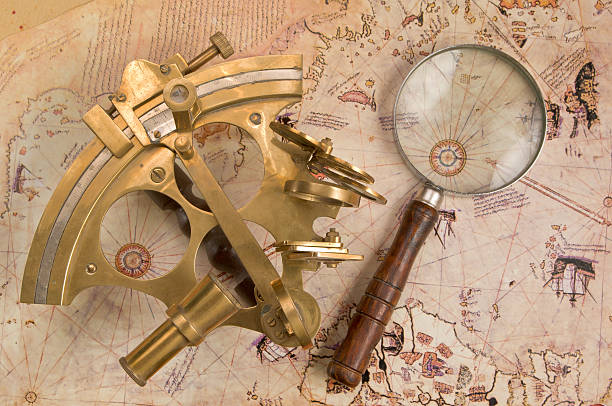 istock Antique brass sextant and magnifying glass over old Navigation Chart 177514307