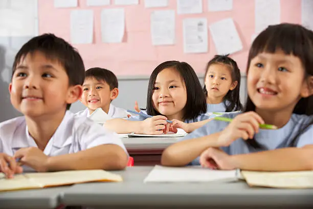 Photo of Group Of Students Working At Desks In Chinese School Classroom