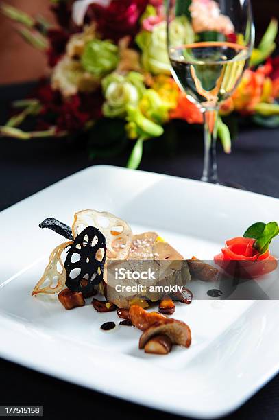 Goose Liver On White Plate With Red Rose Garnish Stock Photo - Download Image Now - Foie Gras, Wine, Alcohol - Drink