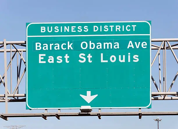 "A Barack Obama Avenue road sign in East St. Louis, Illinois."