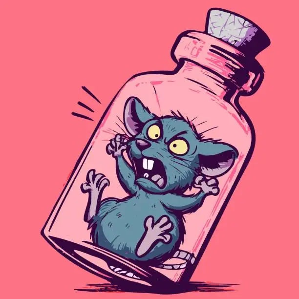 Vector illustration of Cute and angry mouse trapped inside a jar. Vector of a mad rat in a bottle.