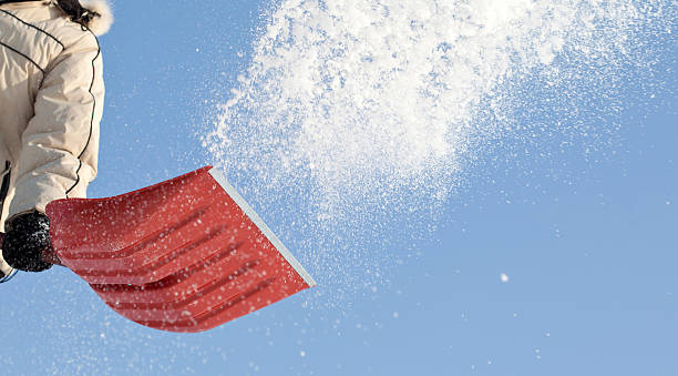 gettare neve con un snowshovel - snow remover foto e immagini stock