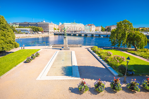 Riksplan park and Stockholm waterfront scenic view, capital of Sweden