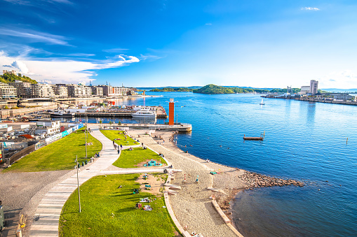 Scenic beach in Oslo in view from above, capital city of Norway