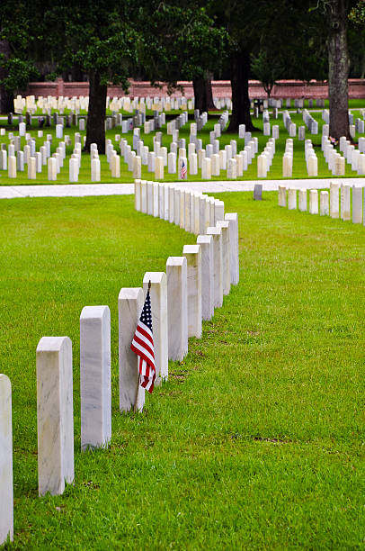 reihe von tombstones mit amerikanischer flagge - arlington national cemetery arlington virginia cemetery national landmark stock-fotos und bilder