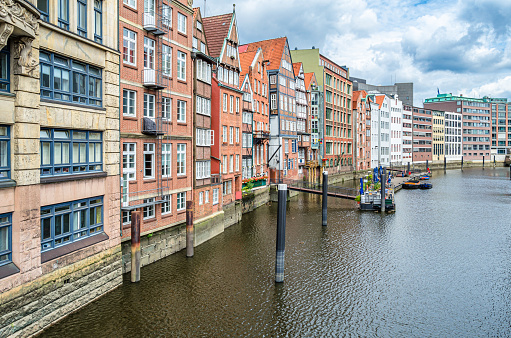 View of buildings along a canal in Hamburg, northern Germany