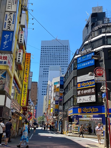 Japan - Tokyo - Shinjuku. \nLittle street with a lot of restaurant and shops near the JR station of Shinjuku