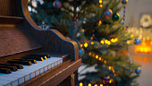a background with a Christmas tree and piano, 3d rendering