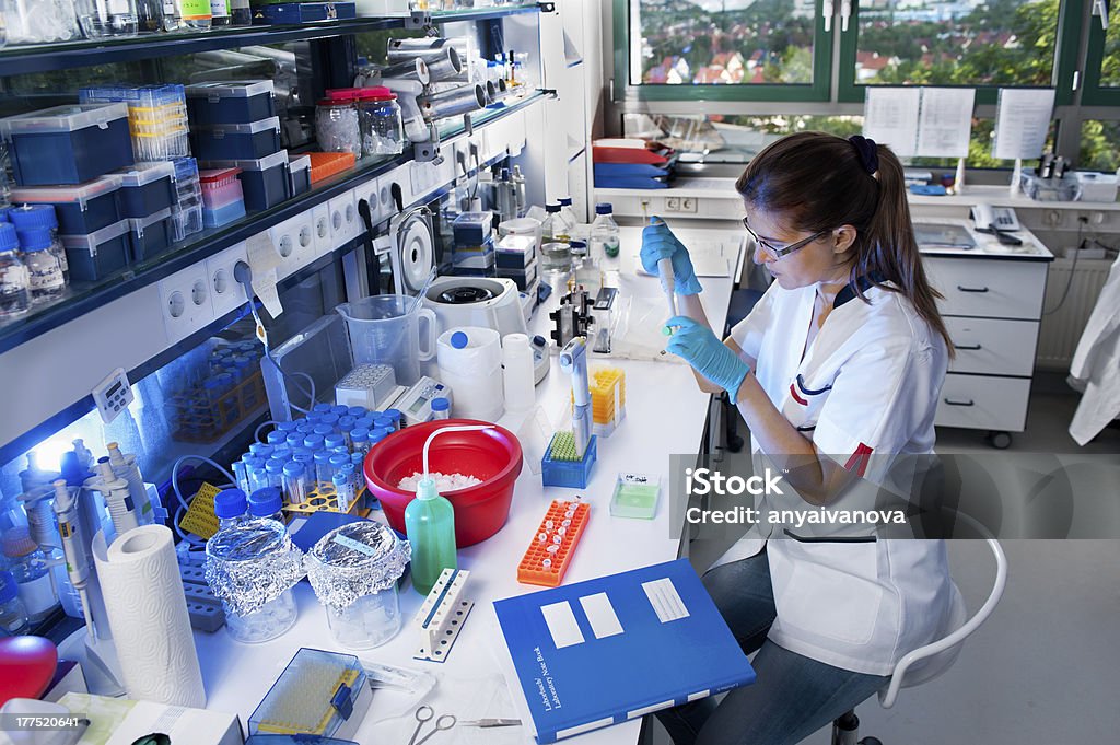 Female scientist working in lab Young scientist works in modern biological lab Adult Stock Photo