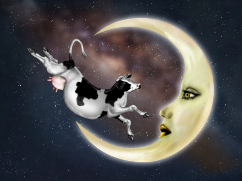 Illustration of a dairy cow jumping over the moon
