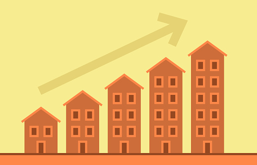 Housing apartment building growth arrow chart.