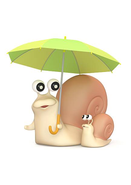 Parent and child of Snail with an umbrella.