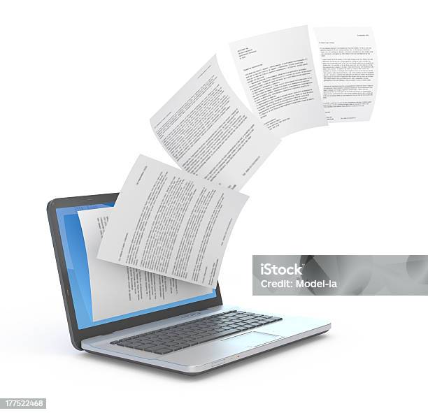 Hochladen Von Dokumenten Und Laptop Stockfoto und mehr Bilder von Dokument - Dokument, Digital generiert, Papier