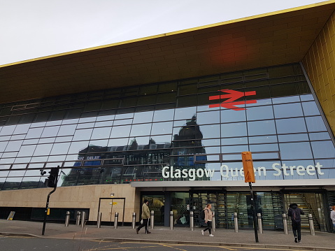 Glasgow, Scotland, UK - October 17, 2023: Glasgow Queen Street Railway Station. It is the second main railway station in the centre of Glasgow.