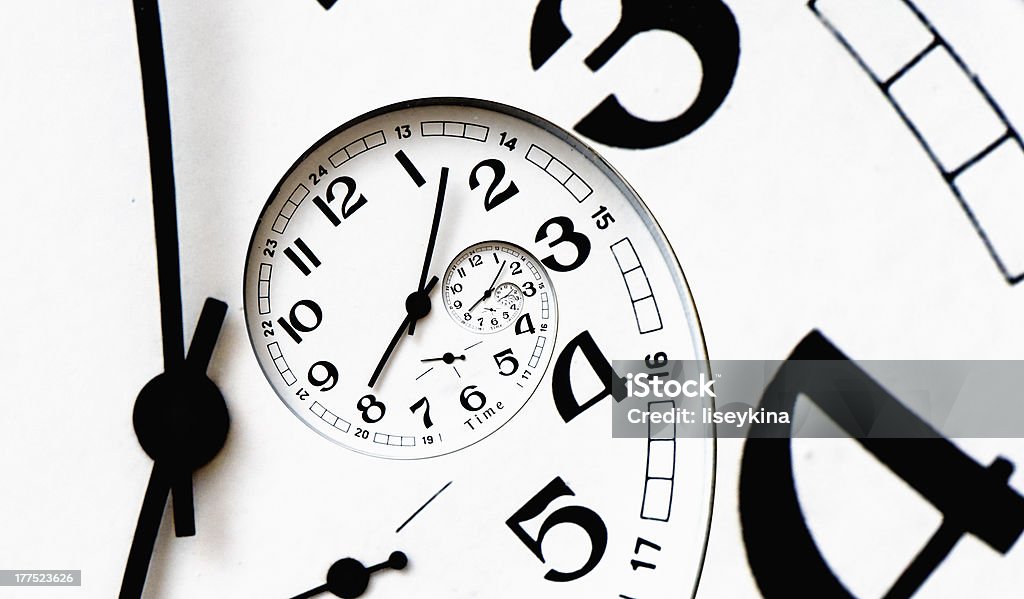 Digital generated twisted clock face. Twisted clock face with arrows. Time concept Reversing Stock Photo