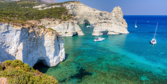 Panoramic view of the pictorial Kleftiko cove located at the south coast of Milos island, Cyclades, Greece