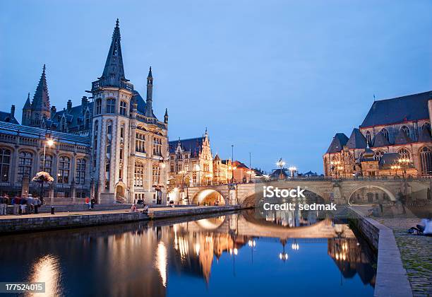 Gent Post Palace And Michael S Bridge Stock Photo - Download Image Now - Architecture, Belgian Culture, Belgium