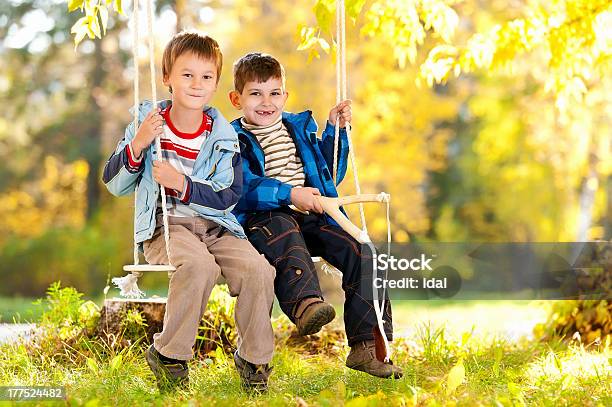 행복함 남자아이 On 흔들리다 In 추절 일연도 2명에 대한 스톡 사진 및 기타 이미지 - 2명, 가을, 공원