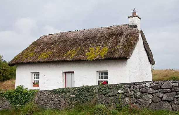 A traditional thatch roofed cottage in rural Southern Ireland not far from the village of Kinvara in County Galway.