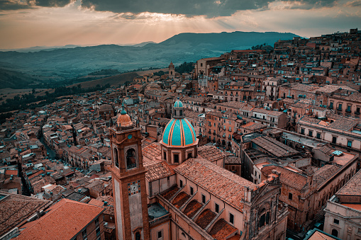 Aerial shot of Caltagirone town in Sicily. Cattedrale di San Giuliano