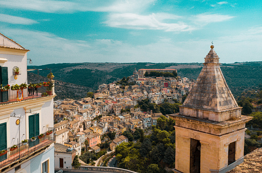 Aerial view of the old baroque town of Ragusa Ibla, Sicily, Italy. Ancient city.