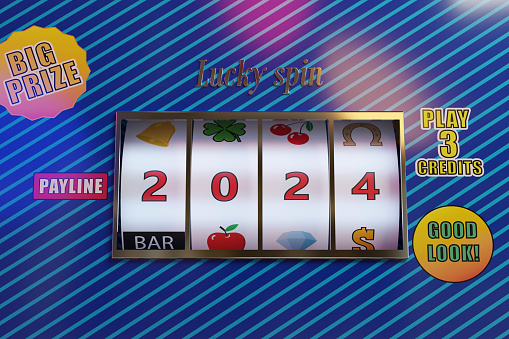 Wheels of a slot machine with the number 2024. New year concept. 3d illustration.