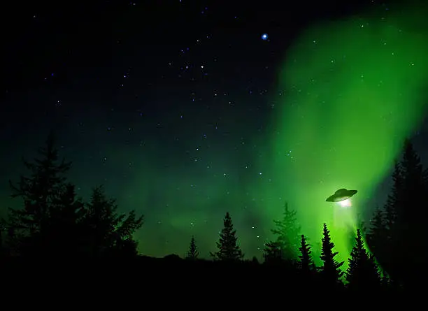 UFO landing at night in the forest with trees and stars.