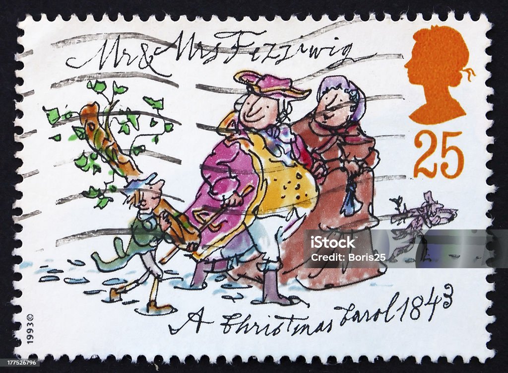 Sello postal GB 1993 Sr. y Sra. Fezziwig - Foto de stock de Charles Dickens libre de derechos