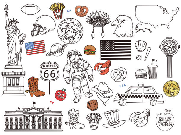 Illustrations in black and white, monotone, and line drawings.Handwriting, USA, Astronauts, LA, New York and Hamburger. eagle, route 66, bridge, cowboy, jazz, hollywood, bbq, vintage, astronauts, space, moon, guns, baseball, american football, brooklyn, capitol hill, pretzel, hot dog, building, travel, national, design, illustration, fashion, birthday, icon, cutie, woman, decoration, vector, handwriting, stylish, cool, antique, america, los angeles, new york, sedna, graphic, famous, flag, drawing, doodle, city, capital, booth, background, art, architecture, abstract american flag house stock illustrations