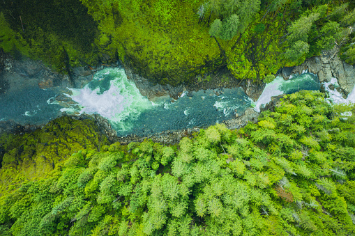 Wells Gray Provincia Park in summer with aerial drone flying over Helmcken Falls, British Columbia, Canada.