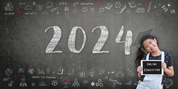 istock 2024 online class, new school year academic calendar with student girl kid with e-learning digital tablet on teacher's green chalkboard for educational celebration, back to school, STEM education 1775283686