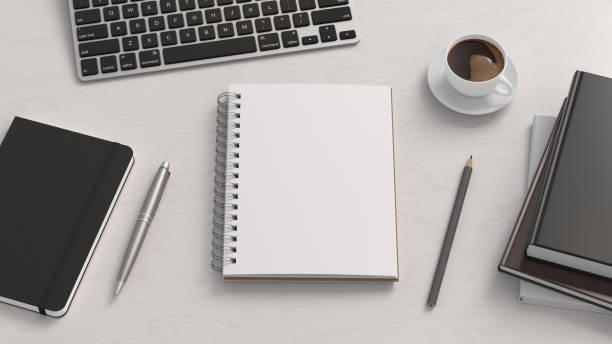 istock Notebook mockup. Blank workplace notebook. Spiral notepad on white wooden desk 1775283722