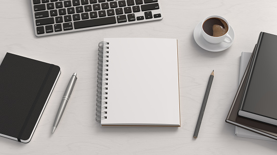 Notebook mockup. Blank workplace notebook. Spiral notepad on white wooden desk. 3d illustration