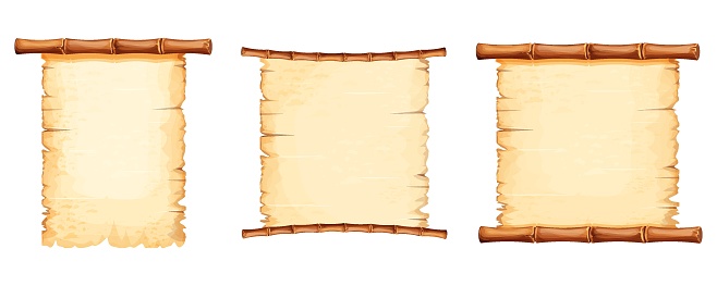 Set Bamboo frames with old parchment paper decorated with rope in cartoon style isolated on white background. Game ui board, sign. Vector illustration