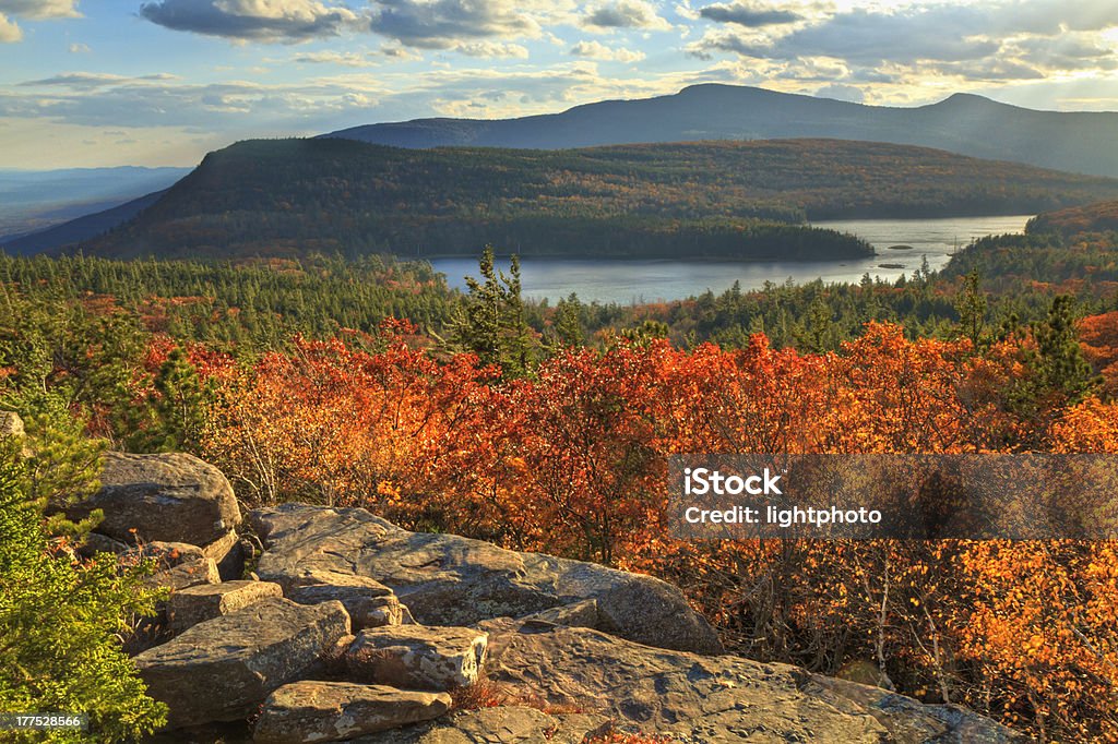 Autumn Day at Sunset Rock "Afternoon sun on sunset rock in the Autumn, overlooking North-South Lake in the Catskills Mountains of New York. (HDR)." Catskill Mountains Stock Photo