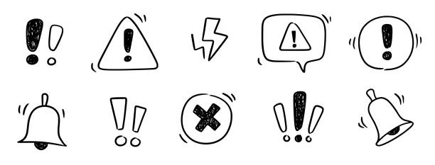 illustrations, cliparts, dessins animés et icônes de point d’exclamation doodle, ensemble de panneaux de danger d’alerte. griffonner dessiné à la main griffonnage point triangle d’exclamation, avertissement d’arrêt, signe de danger. croquis dessiné à la main signe d’information sur le danger.  - exclamation point illustrations