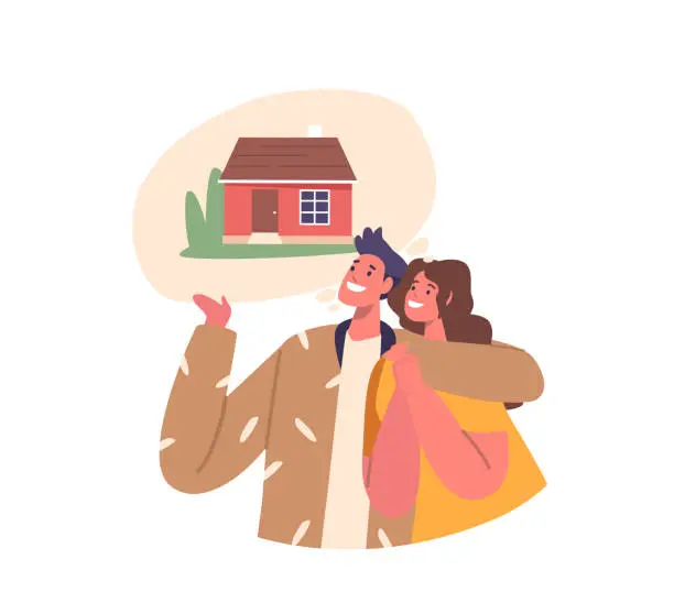 Vector illustration of Loving Couple Characters Envisions Their Idyllic Cottage, Wrapped In Dreams Of Cozy Fires And Blooming Gardens