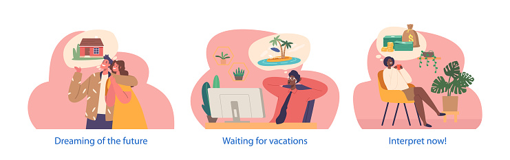 Isolated Elements with Male and Female Characters Dream Of Sandy Beaches, Stacks Of Money, And A Dream House, Their Hearts Filled With Wanderlust And Ambition. Cartoon People Vector Illustration