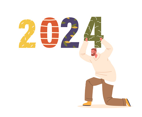 Man Proudly Holds Numbers 2024, Symbolizing The Approaching New Year, With Hope And Anticipation In His Eyes. Excited Male Character Ready For The Future. Cartoon People Vector Illustration