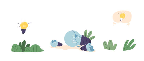 Broken Light Bulb Symbolizes A Shattered Idea, While A Shining One Illuminates Creativity, Casting A Brilliant Glow Broken Light Bulb Symbolizes A Shattered Idea, Stagnation, Crisis, Problem. While A Shining One Illuminates Creativity, Casting A Brilliant Glow Upon Innovation And Inspiration. Vector Illustration visual team stock illustrations