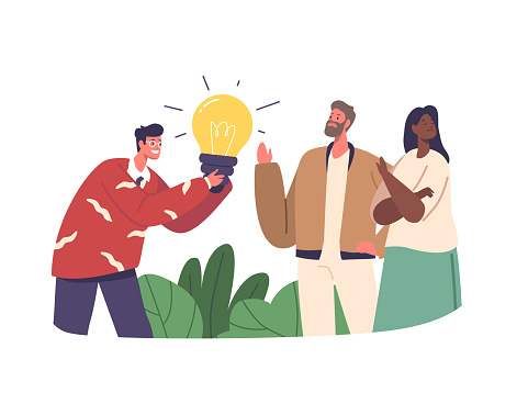 Client Adamantly Rejected The Proposed Idea, Citing It As Unsuitable For Their Needs And Vision Despite the Team Enthusiasm. Character Giving Light Bulb to Customer. Cartoon People Vector Illustration