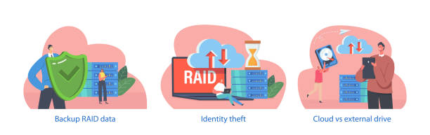 ilustrações de stock, clip art, desenhos animados e ícones de isolated elements with character use raid in data center. redundant array of independent disks storage, backup servers - raid array