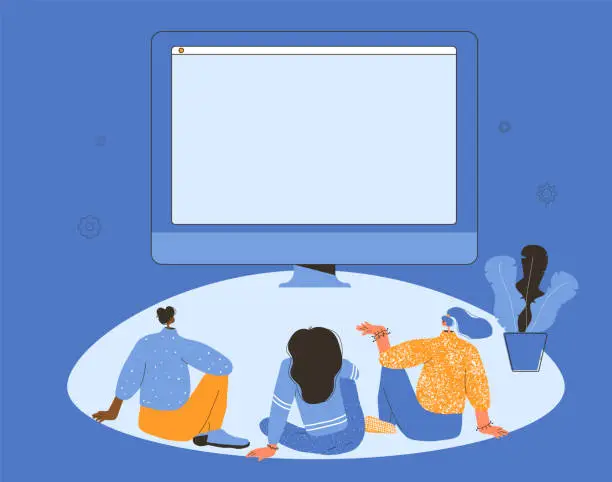 Vector illustration of Friends meeting. Staycation. Three young women sitting on floor. Adult characters on group psychotherapy. Female persons wearing in casual clothes talking each other. Vector illustration.