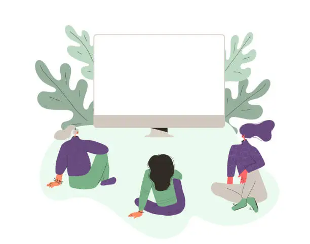 Vector illustration of Friends meeting. Staycation. Three young women sitting on floor. Adult characters on group psychotherapy. Female persons wearing in casual clothes talking each other. Vector illustration.