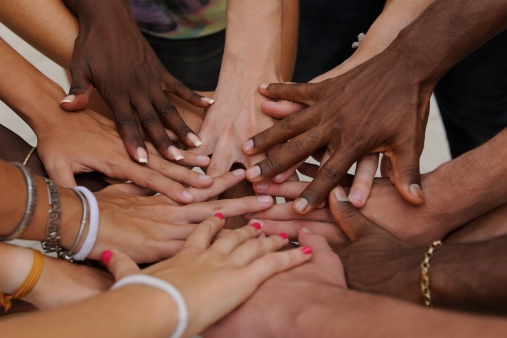 Diverse human hands showing unity