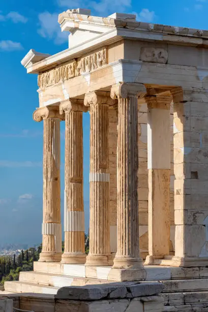 Columns of the Temple of Athena Nike in the Acropolis of Athens, Greece.